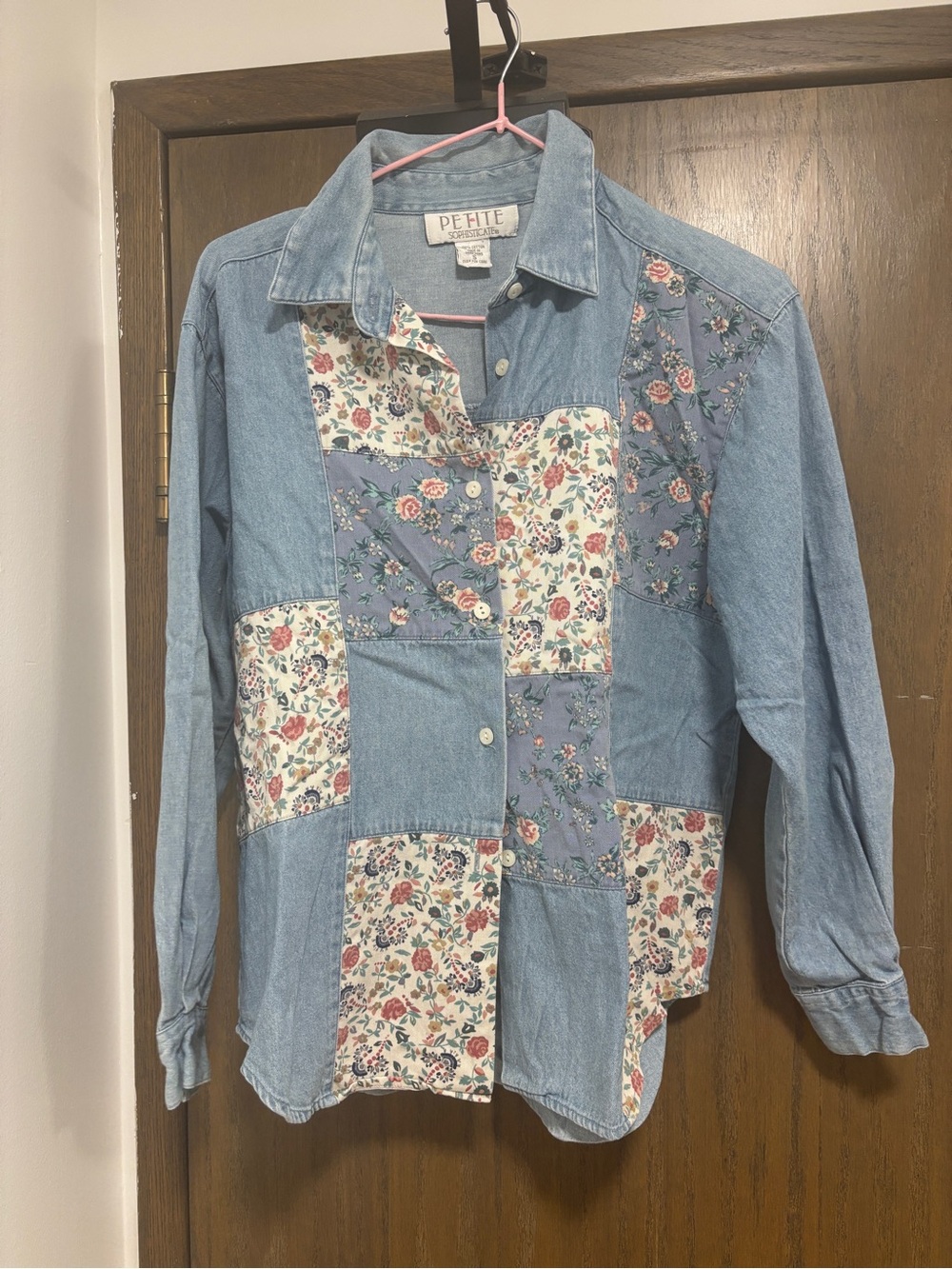 1990s Petite Sophisticate Patchwork Denim Shirt - Light Blue with Floral Panels